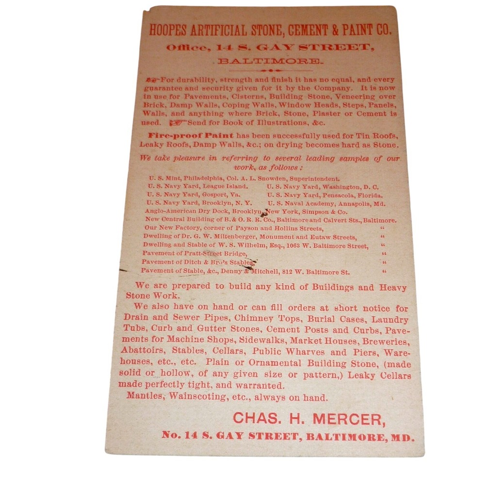 Antique Hoopes Artificial Stone Cement & Paint Co Baltimore MD Advertising Card